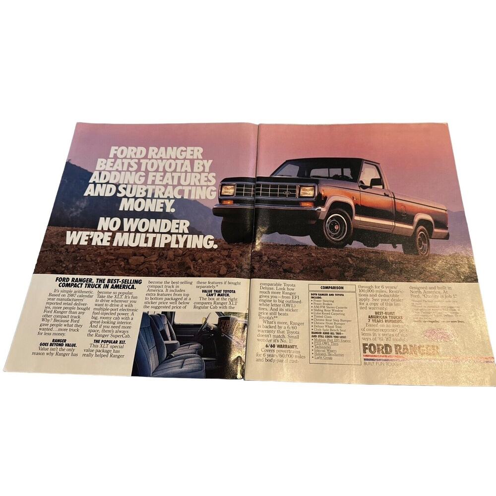 Ford Ranger Pickup Truck 1988 Vintage‎ 2 Page Print Ad Original Man Cave Decor